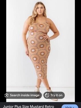 Junior Plus Size Mustard Retro Abstract Print Sleeveless Midi Dress